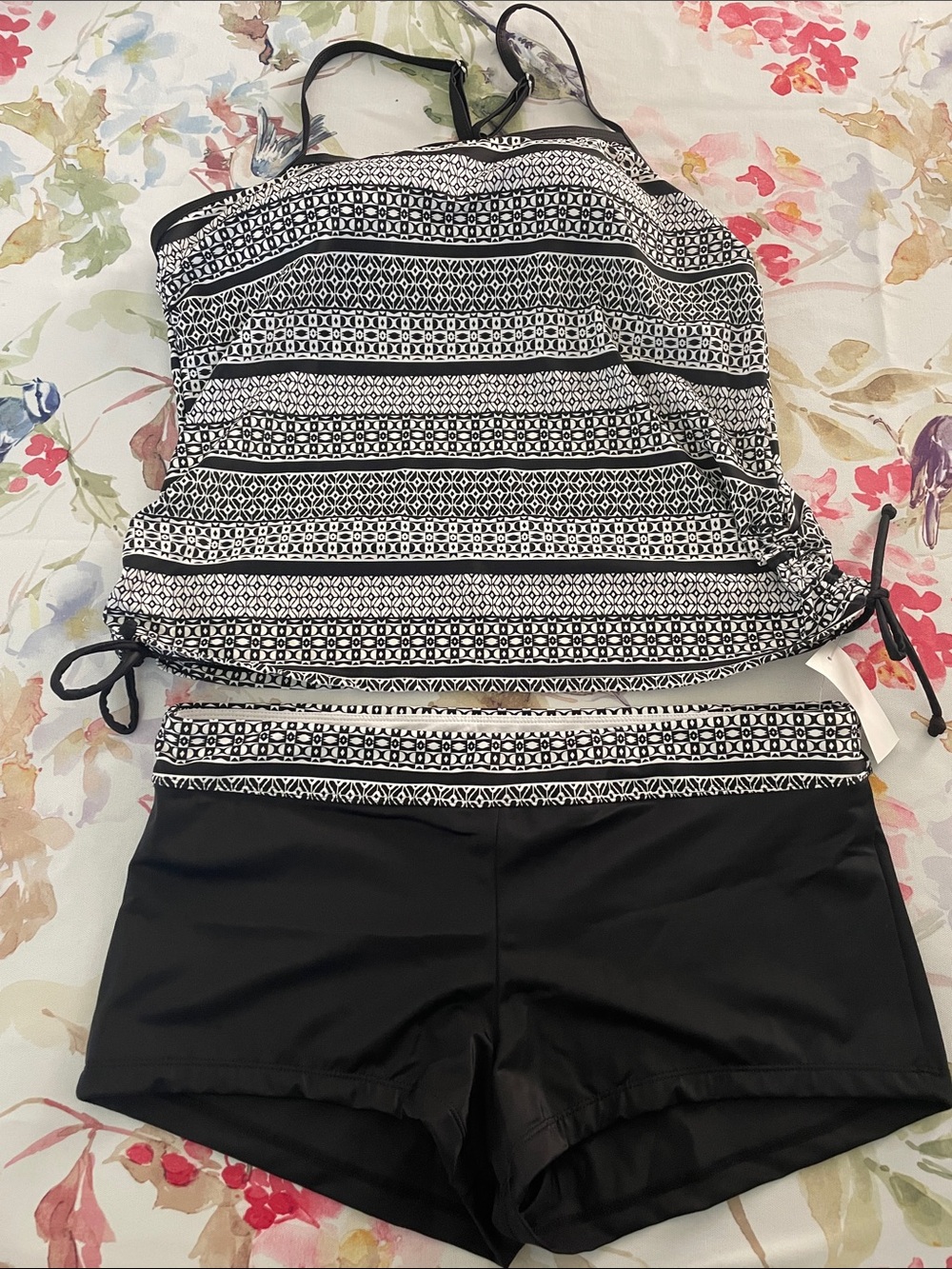 Black & White Patterned Tankini Top with Black Swim Shorts